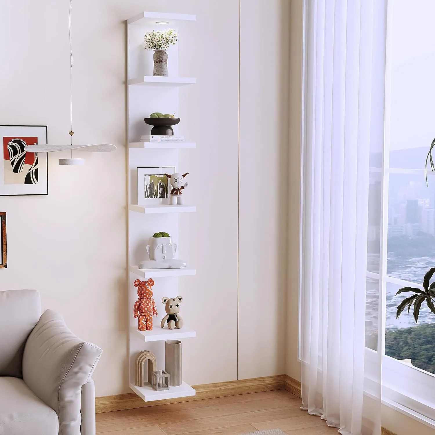 Versatile 7 Tier Wall Shelf Unit,White Lack Wall Shelf,Display Floating Shelf with LED Remote Control Light