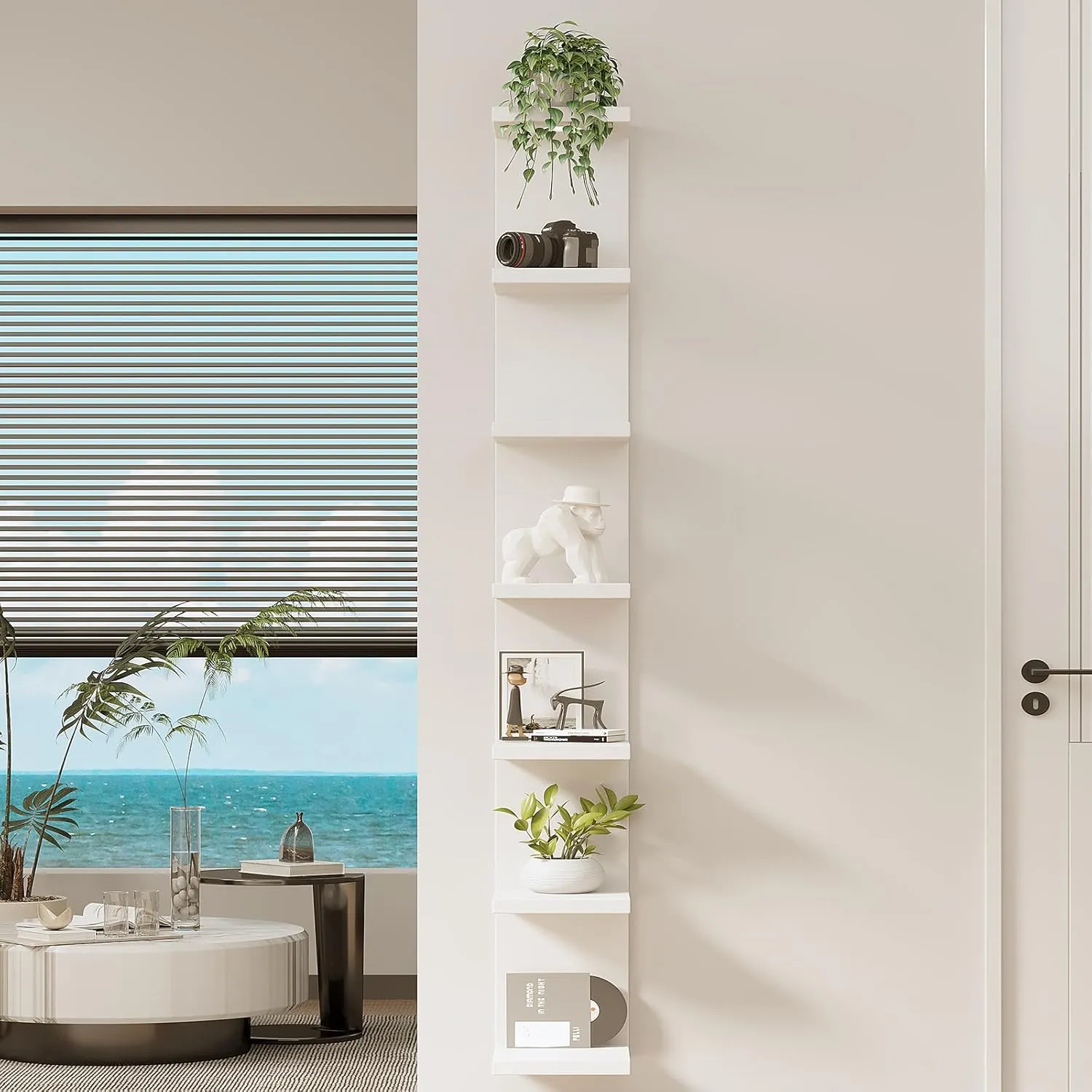 Versatile 7 Tier Wall Shelf Unit,White Lack Wall Shelf,Display Floating Shelf with LED Remote Control Light