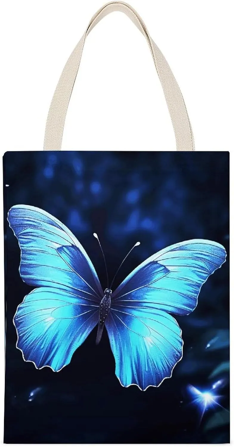 Versatile Canvas Tote Bag,Blue Butterfly Double-sided Print Large Capacity Canvas Tote Bag,foldable Tote Bag,fabric Tote Bag