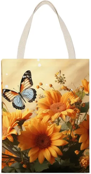 Versatile Canvas Tote Bag,Cute Sunflower And Butterfly Double-sided Print Large Capacity Canvas Tote Bag,foldable Tote Bag,fabric Tote Bag
