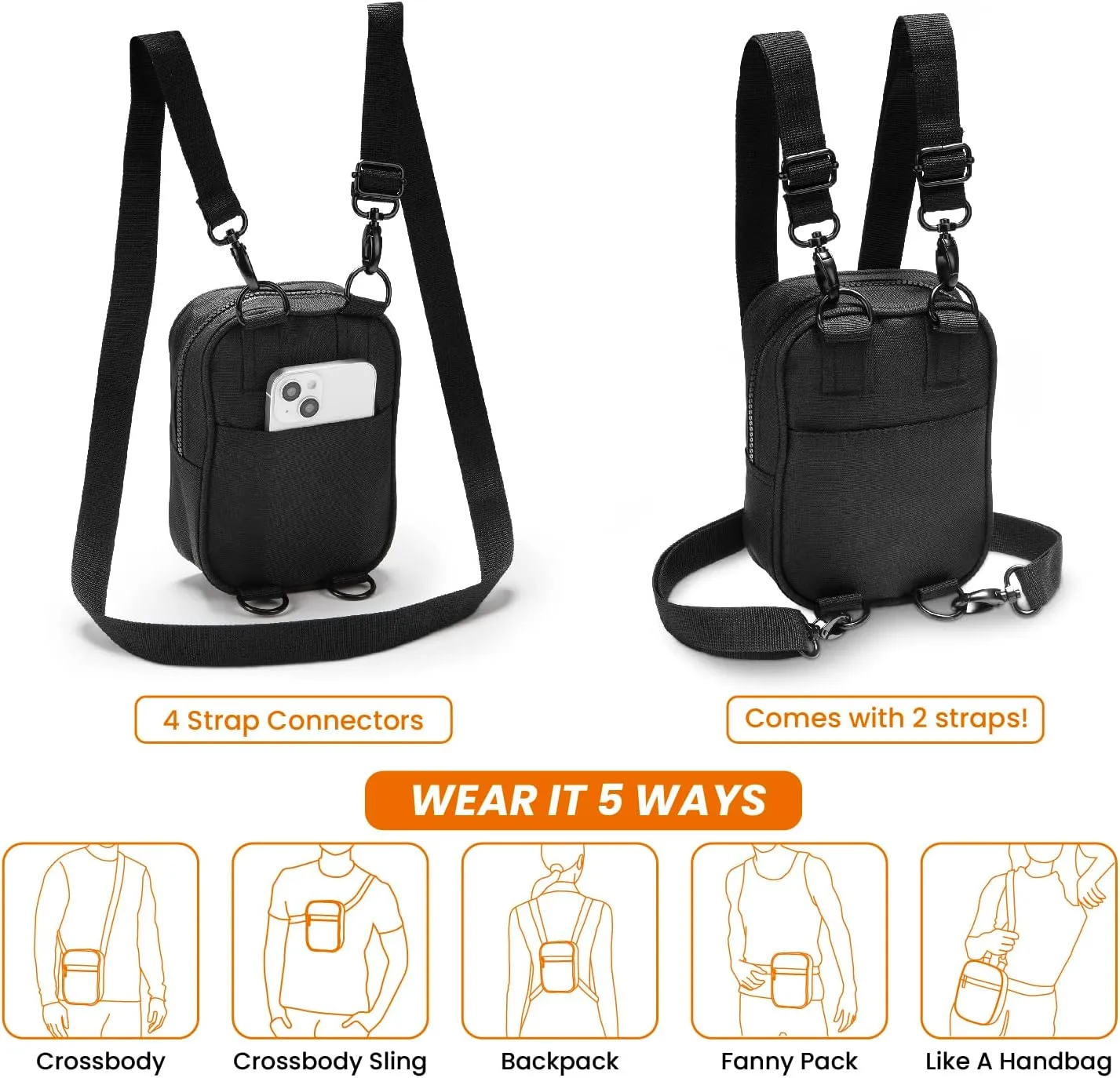 Vibe Festival Gear Small Crossbody Sling Bag for Women Men 5in1 Multi-Use from (rPET) Recycled Polyester Belt Bag Cross Body Backpack Fanny Pack Purse - Black