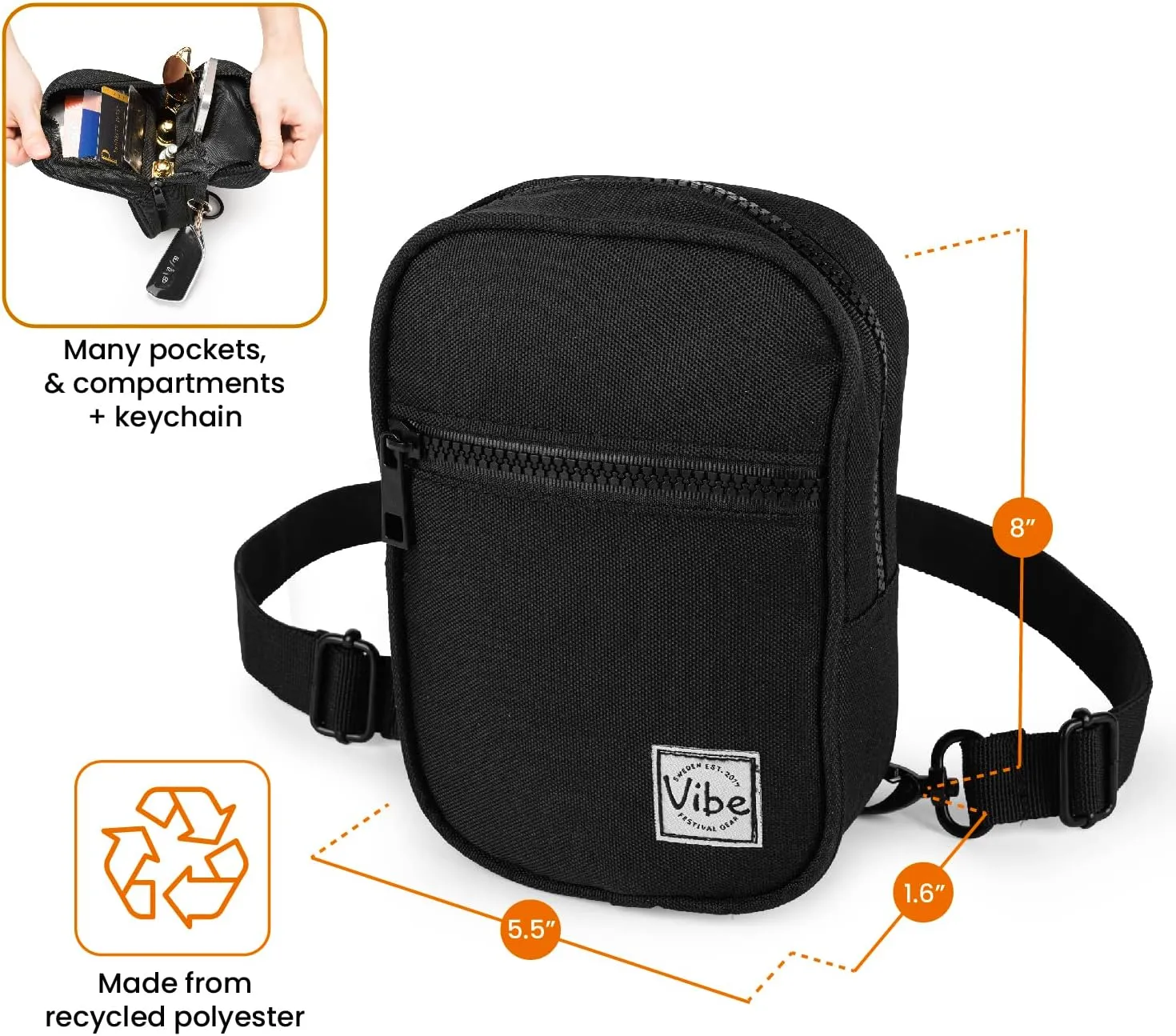 Vibe Festival Gear Small Crossbody Sling Bag for Women Men 5in1 Multi-Use from (rPET) Recycled Polyester Belt Bag Cross Body Backpack Fanny Pack Purse - Black