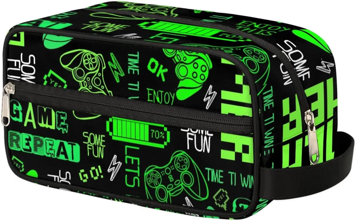 Video Game Bright Green Toiletry Bag for Boys Men, Travel Toiletry Bag for Woman Cosmetic Makeup Bag, Game Pattern Graffiti Waterproof Shaving Bag for Toiletries Accessories Travel Essentials