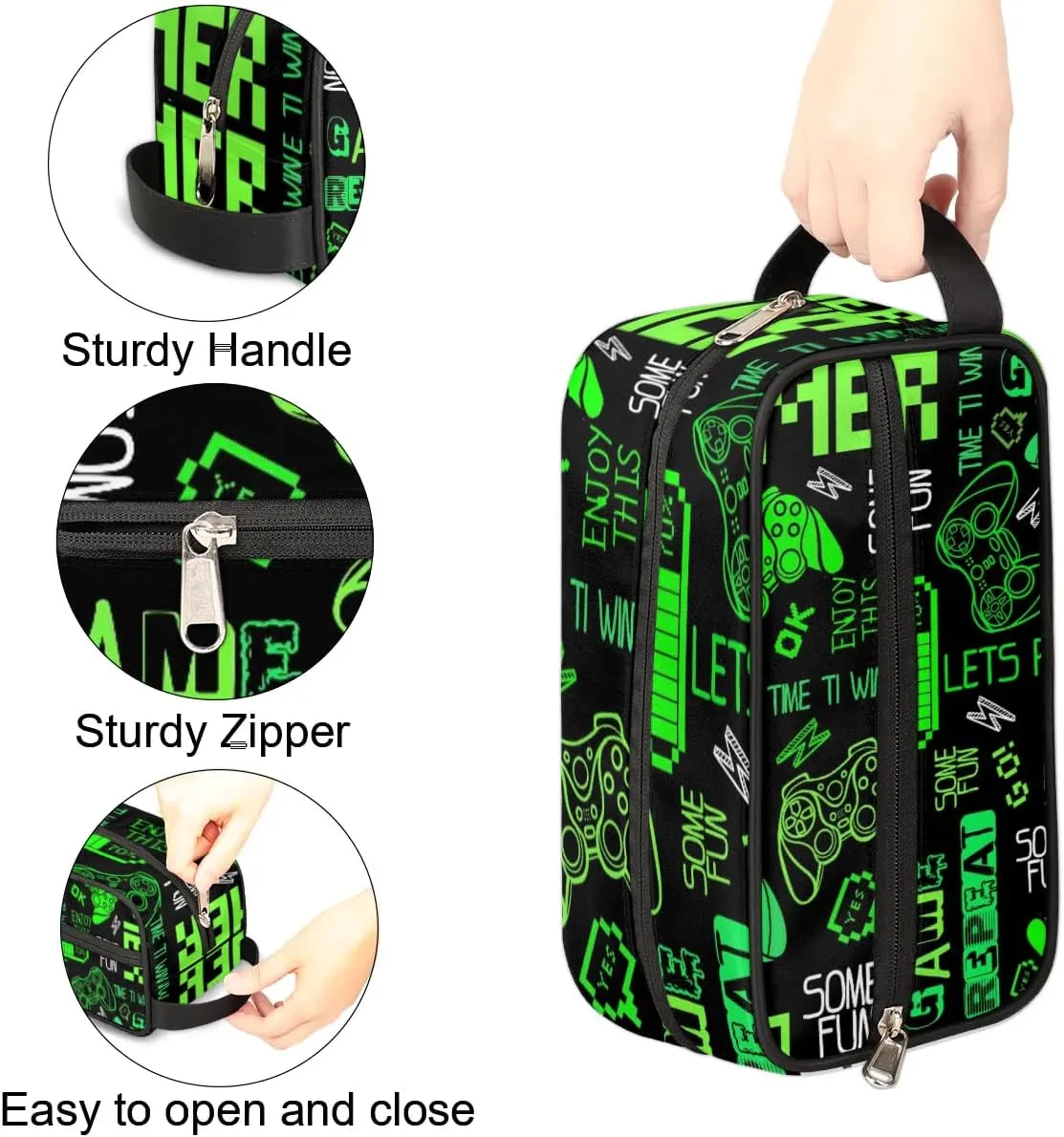 Video Game Bright Green Toiletry Bag for Boys Men, Travel Toiletry Bag for Woman Cosmetic Makeup Bag, Game Pattern Graffiti Waterproof Shaving Bag for Toiletries Accessories Travel Essentials