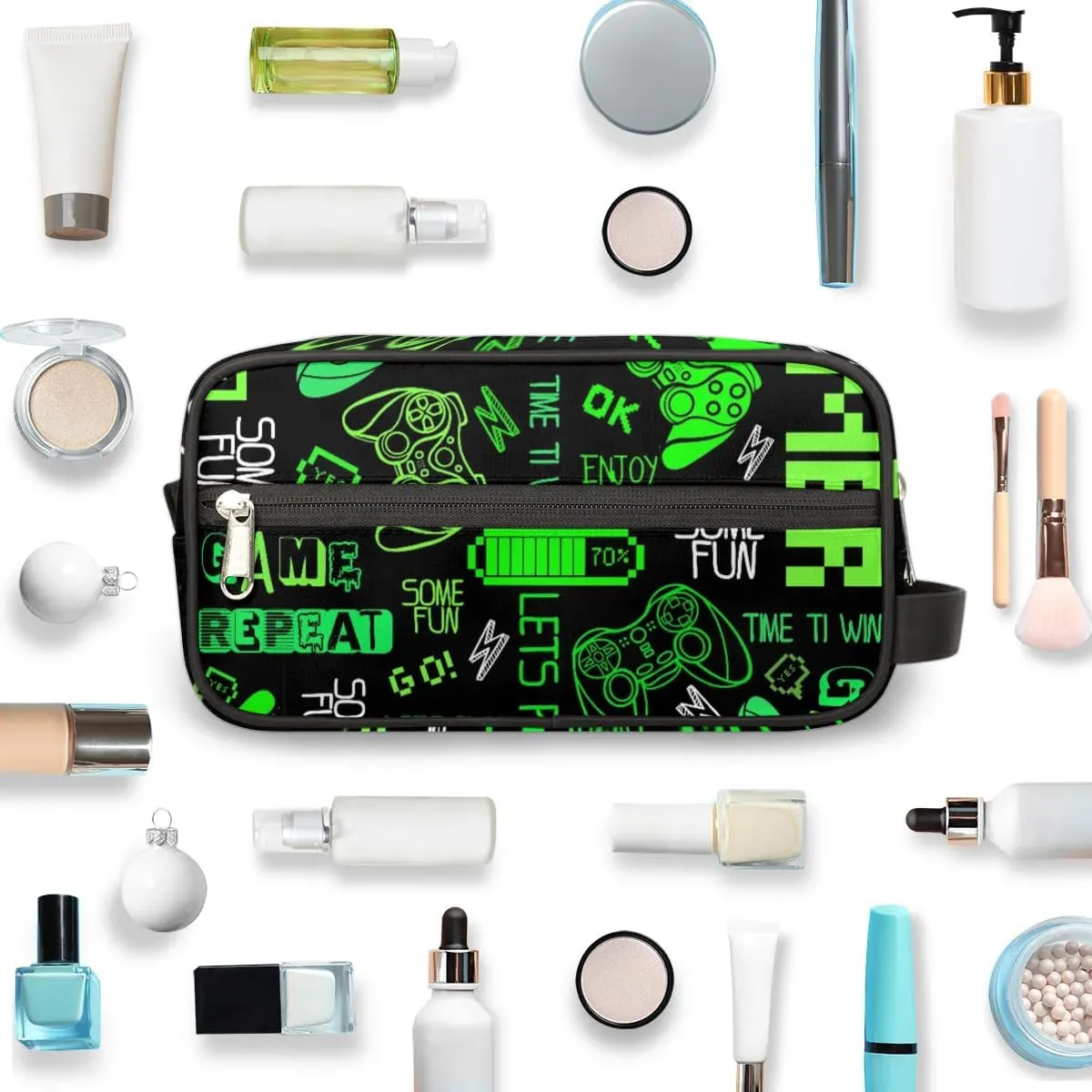 Video Game Bright Green Toiletry Bag for Boys Men, Travel Toiletry Bag for Woman Cosmetic Makeup Bag, Game Pattern Graffiti Waterproof Shaving Bag for Toiletries Accessories Travel Essentials
