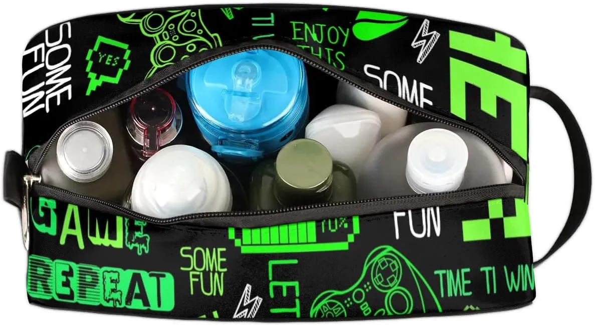 Video Game Bright Green Toiletry Bag for Boys Men, Travel Toiletry Bag for Woman Cosmetic Makeup Bag, Game Pattern Graffiti Waterproof Shaving Bag for Toiletries Accessories Travel Essentials