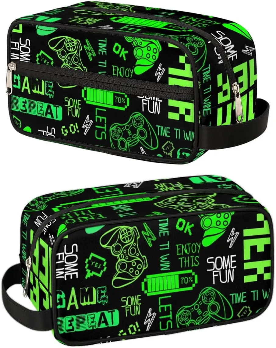 Video Game Bright Green Toiletry Bag for Boys Men, Travel Toiletry Bag for Woman Cosmetic Makeup Bag, Game Pattern Graffiti Waterproof Shaving Bag for Toiletries Accessories Travel Essentials