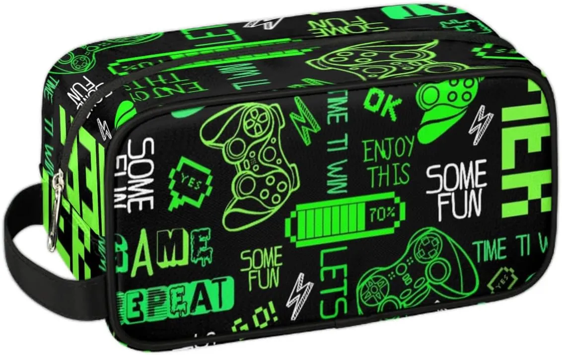 Video Game Bright Green Toiletry Bag for Boys Men, Travel Toiletry Bag for Woman Cosmetic Makeup Bag, Game Pattern Graffiti Waterproof Shaving Bag for Toiletries Accessories Travel Essentials