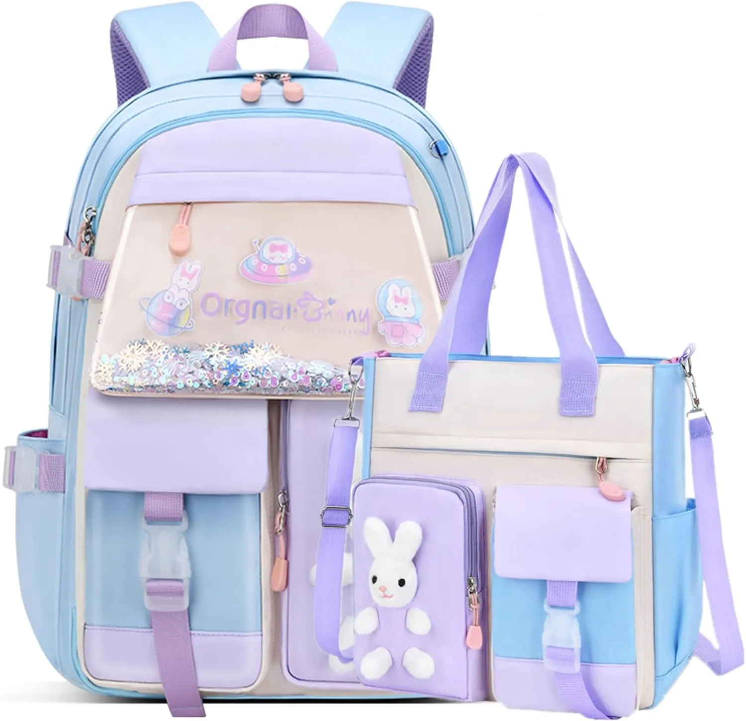 VIDOSCLA Bunny Backpack for Girls Cute Sequin Kids Backpack with Tuition Tote Bag