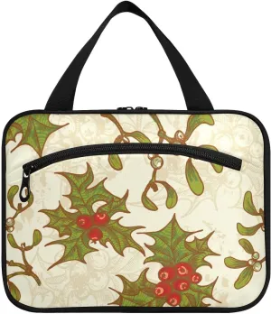 Vintage Christmas Holly Twigs Mistletoe Toiletry Bag Travel Bag Hanging Cosmetic Bag for Women - Medium