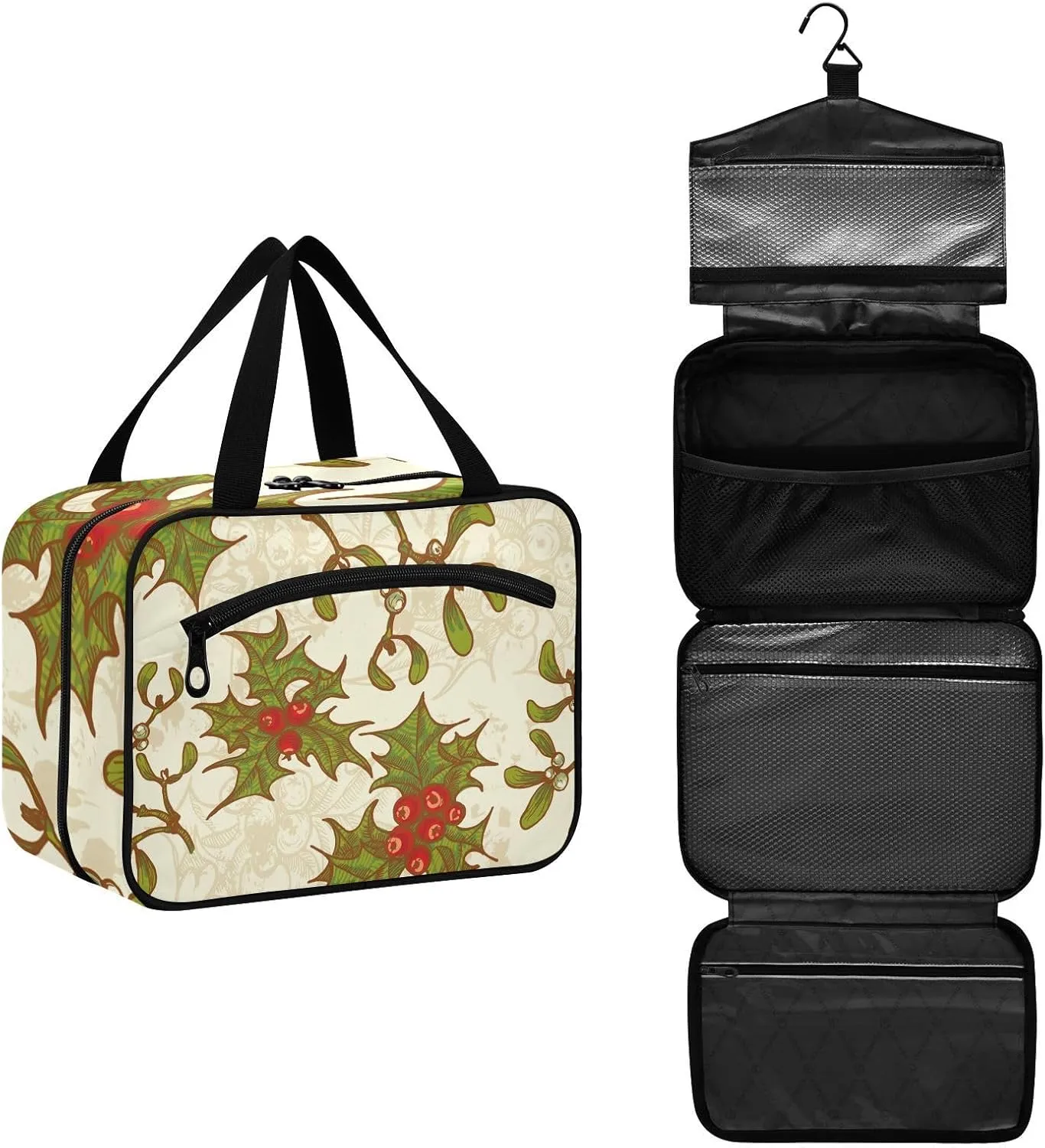 Vintage Christmas Holly Twigs Mistletoe Toiletry Bag Travel Bag Hanging Cosmetic Bag for Women - Medium
