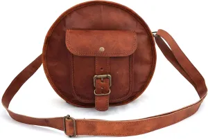 Vintage Leather Crossbody Bag Women/Teen Girls Satchel Handbag Round Messenger Sling Bags, 10 Inch Small