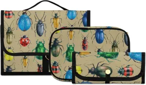 Vintage Retro Style Multicolor Beetles on Brown 3 PCs Set Toiletry bags, 1 Women's Travel Cosmetic Bag, 1 Hanging Toiletry Wash Bag, 1 Brush Case, Portable Makeup Storage Case