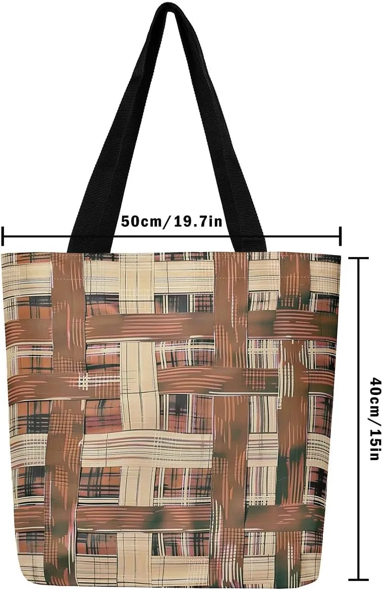 Vintage Stripes Canvas Tote Bag 16x20 Inch,Geometric Brown Taupe Handbag,Modern Abstract Tote Bag