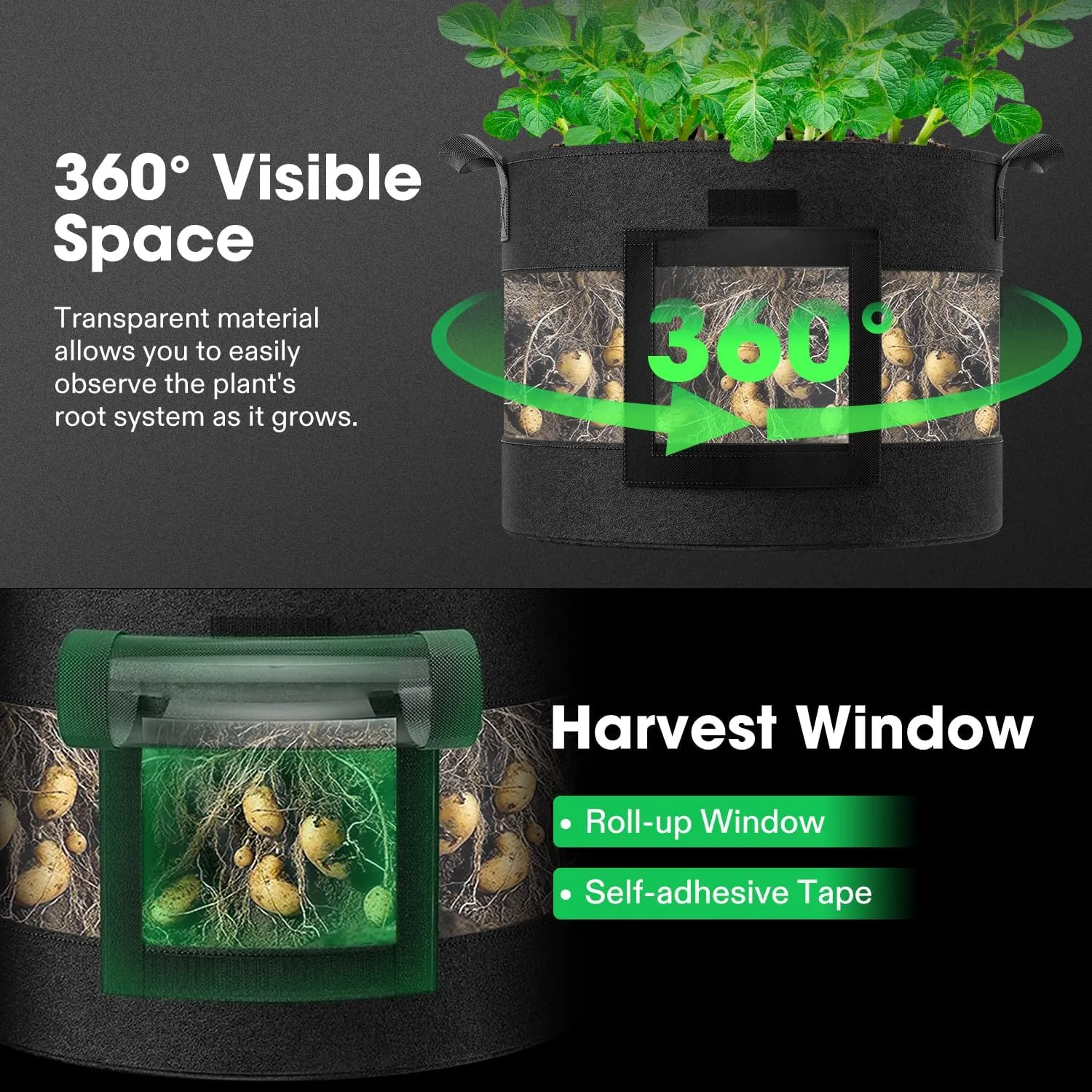 VIVOSUN 5-Pack 7 Gallon Visible Potato Grow Bags, Thick Fabric Potato Pots with 360° Visibility & Harvest Window, Potato Growing Containers Potato Planter Potato Planter for Growing Potatoes, Black