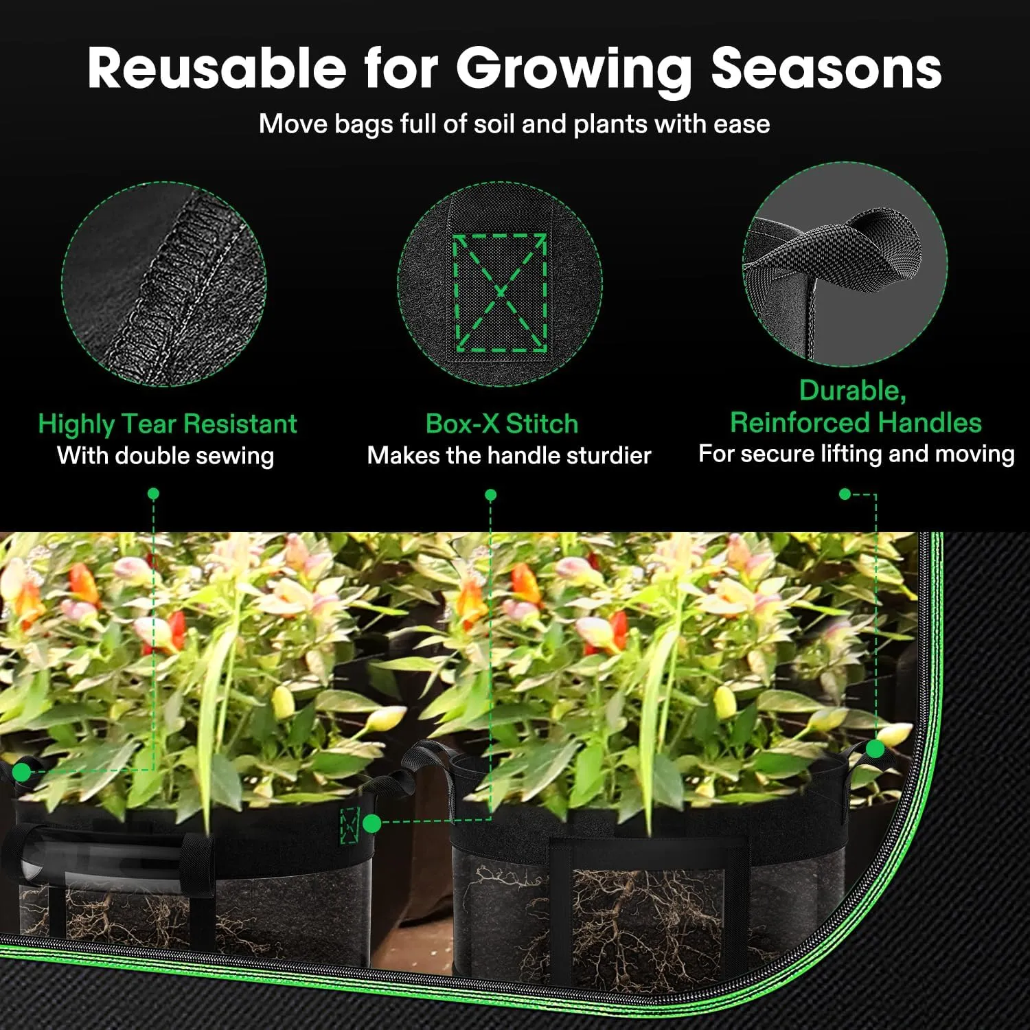 VIVOSUN 5-Pack 7 Gallon Visible Potato Grow Bags, Thick Fabric Potato Pots with 360° Visibility & Harvest Window, Potato Growing Containers Potato Planter Potato Planter for Growing Potatoes, Black