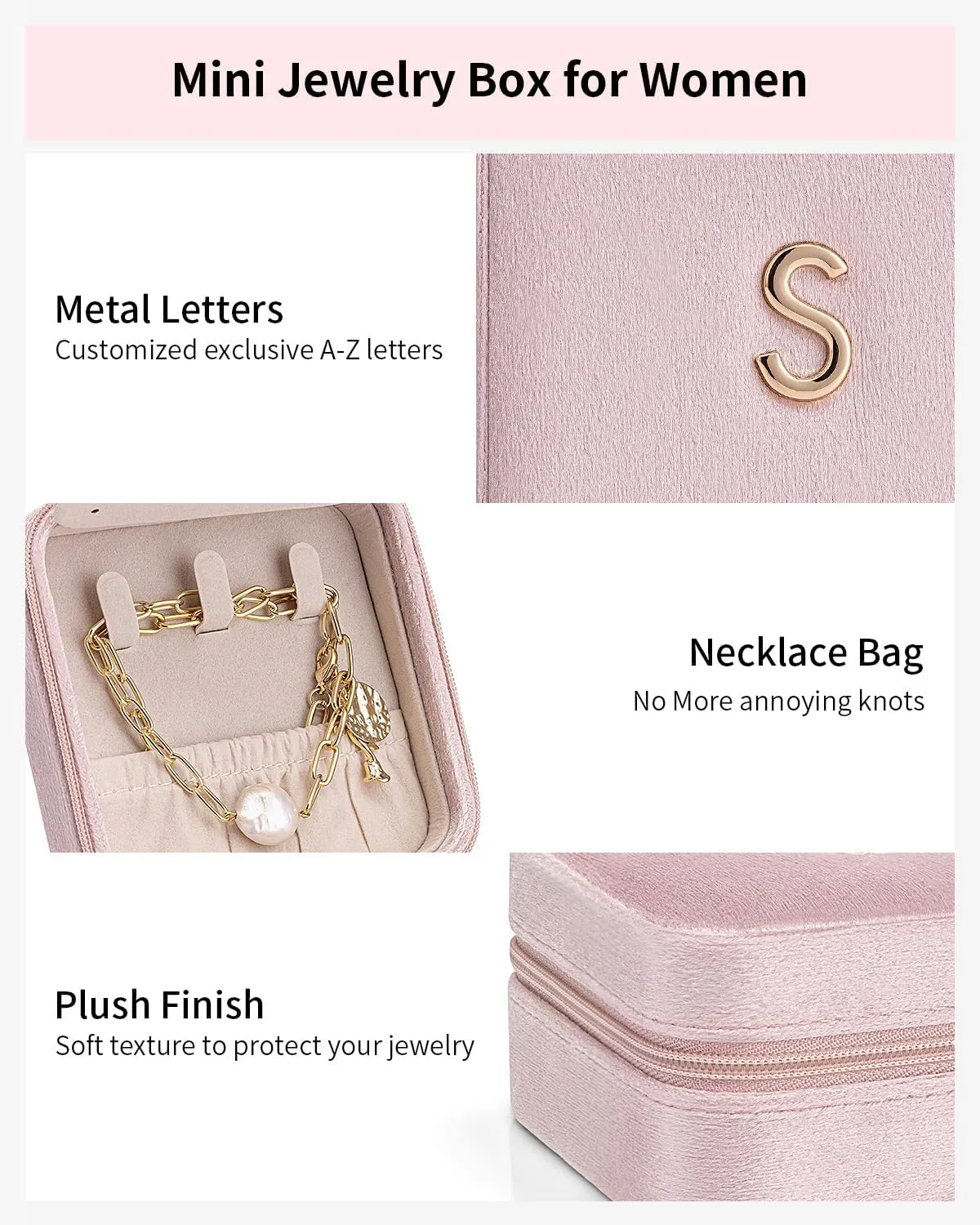 Vlando Birthday Gifts for Women Friendship, Personalized Initial Jewelry Box, Friendship Gifts for Women Friends, Travel Essentials Small Jewelry Box, Travel Box for Girls - Letter J, Pink