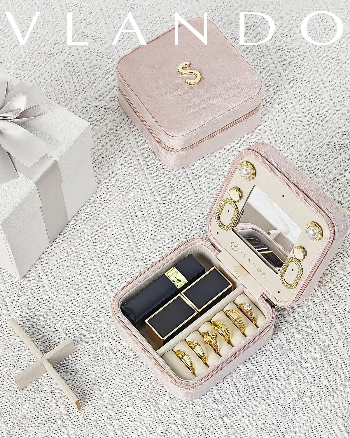 Vlando Birthday Gifts for Women Friendship, Personalized Initial Jewelry Box, Friendship Gifts for Women Friends, Travel Essentials Small Jewelry Box, Travel Box for Girls - Letter J, Pink