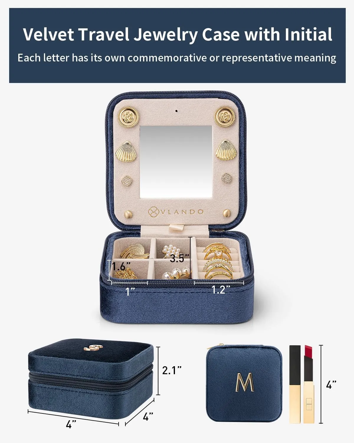 Vlando Mother in Law Mothers Day Gift, Initial M Travel Jewelry Case, Small Jewelry Travel Case, Mini Jewelry Case, Birthday Gifts for Women Mom Grandma - Letter M, Dark Blue