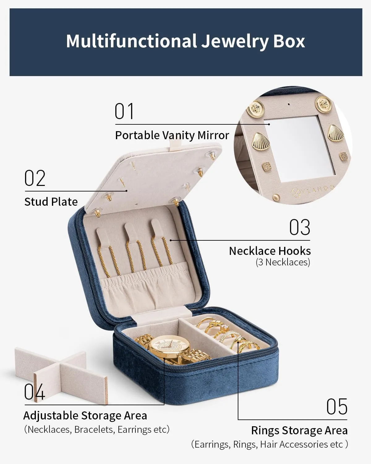 Vlando Mother in Law Mothers Day Gift, Initial M Travel Jewelry Case, Small Jewelry Travel Case, Mini Jewelry Case, Birthday Gifts for Women Mom Grandma - Letter M, Dark Blue