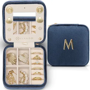 Vlando Mother in Law Mothers Day Gift, Initial M Travel Jewelry Case, Small Jewelry Travel Case, Mini Jewelry Case, Birthday Gifts for Women Mom Grandma - Letter M, Dark Blue