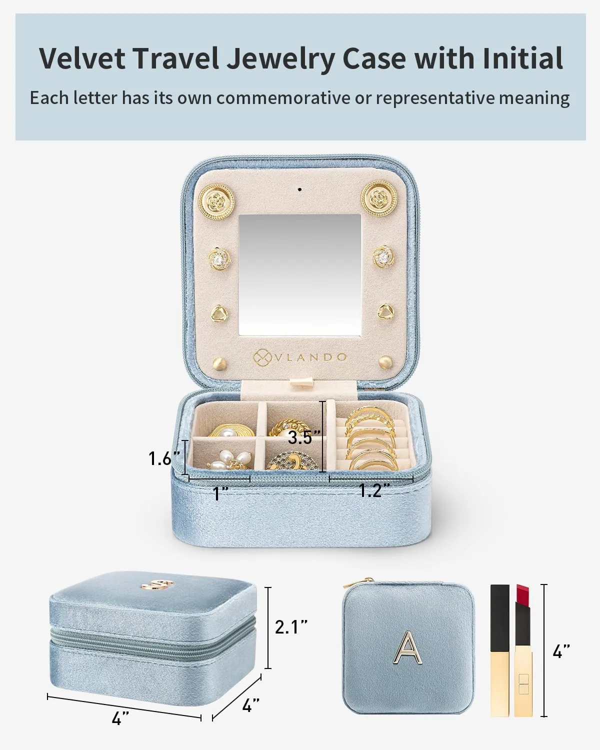 Vlando Travel Gifts 2025, Travel Jewelry Case for Girl Women, A Initial Jewelry Case, Mini Jewelry Travel Organizer Travel Essentials for Gifts for Friend Teen Girls - Letter A, Blue