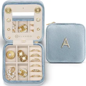 Vlando Travel Gifts 2025, Travel Jewelry Case for Girl Women, A Initial Jewelry Case, Mini Jewelry Travel Organizer Travel Essentials for Gifts for Friend Teen Girls - Letter A, Blue
