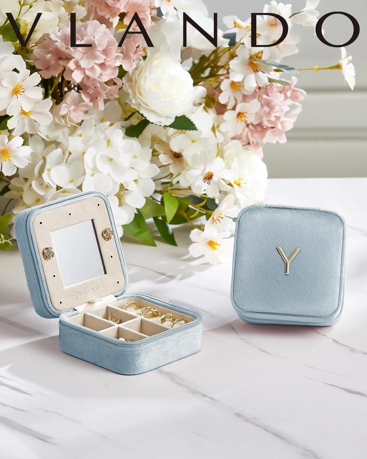 Vlando Travel Gifts 2025, Travel Jewelry Case for Girl Women, A Initial Jewelry Case, Mini Jewelry Travel Organizer Travel Essentials for Gifts for Friend Teen Girls - Letter A, Blue