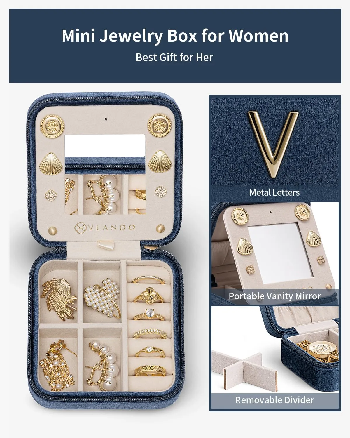 Vlando Travel Gifts for Girls - Birthday, Graduation & Teacher Appreciation Gifts - Letter V, Dark Blue