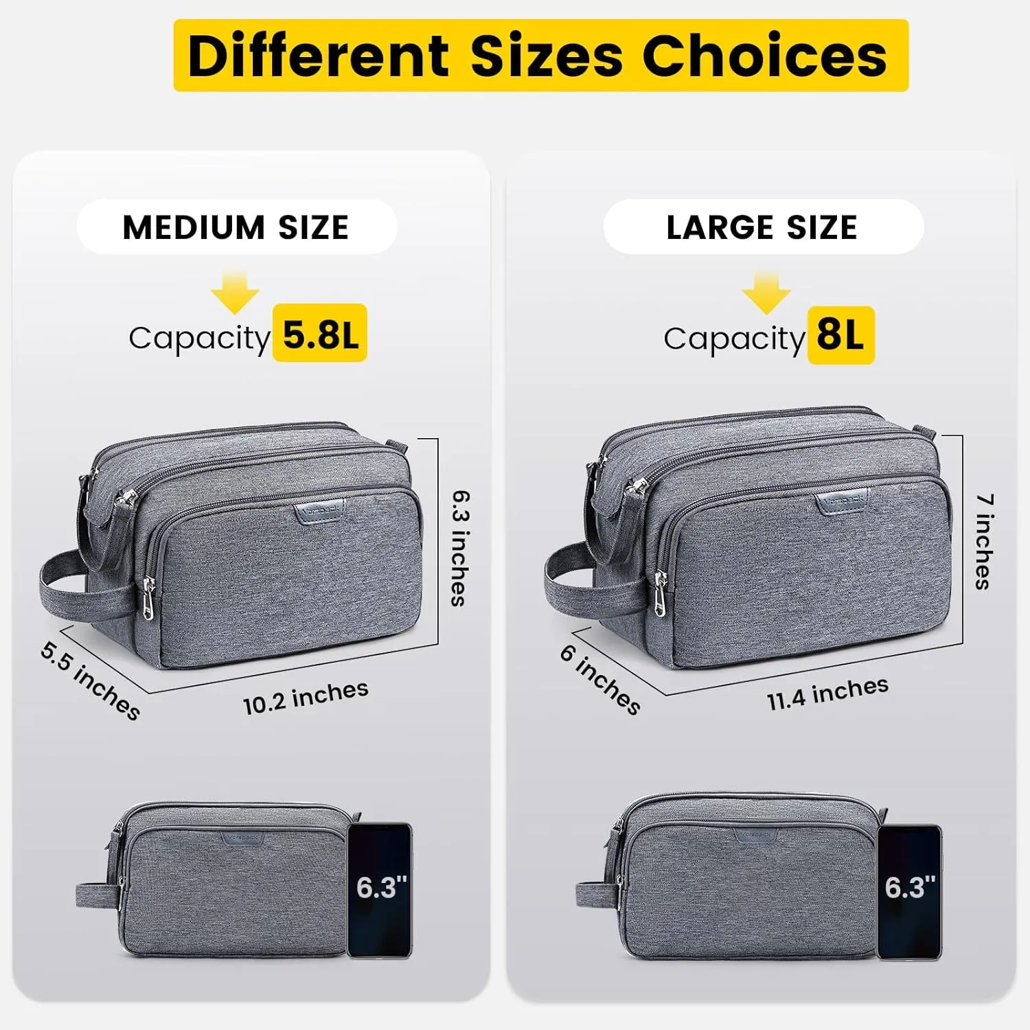 Vorspack Travel Toiletry Bag for Men - Large Mens Toiletry Travel Bag Water Resistant Dopp Kit Shaving Bag for Bathroom Toiletries Gifts - Grey