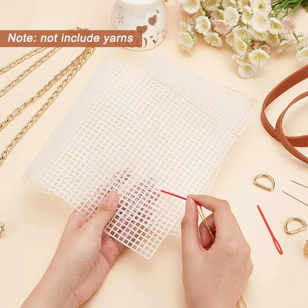WADORN DIY Knitting Crochet Bags Kit, Hand-Knit Woven Bag Making Kit Mesh Plastic Canvas Sheets for Embroidery Cross Stitch DIY Shoulder Bag Making Accessories Handbag Crafting Yarn Weaving Kit, Brown