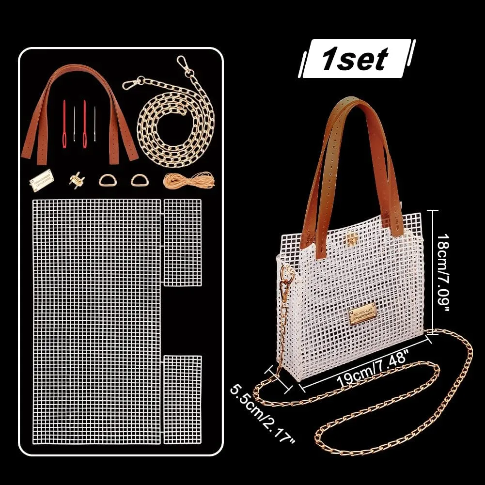 WADORN DIY Knitting Crochet Bags Kit, Hand-Knit Woven Bag Making Kit Mesh Plastic Canvas Sheets for Embroidery Cross Stitch DIY Shoulder Bag Making Accessories Handbag Crafting Yarn Weaving Kit, Brown