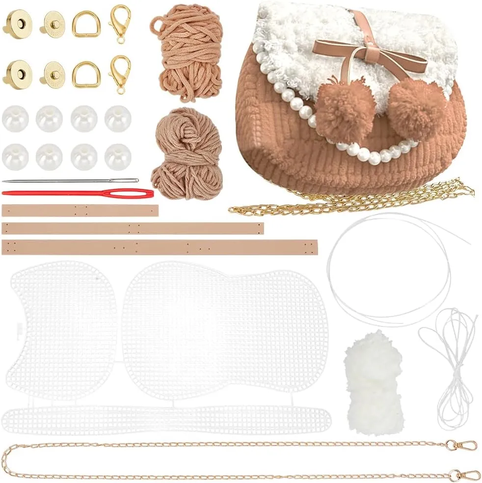 WADORN DIY Knitting Crochet Handbags Kit, Plastic Mesh Shoulder Bags Crafting Material for DIY Purse Embroidery Handmade Women's Crochet Cossbody Bag Making Set for DIY Crochet Bag Accessories, Camel