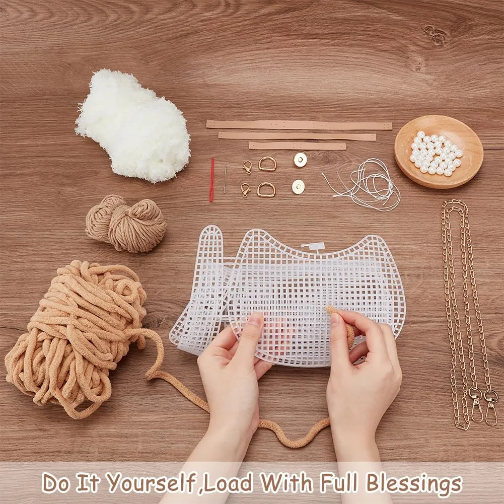 WADORN DIY Knitting Crochet Handbags Kit, Plastic Mesh Shoulder Bags Crafting Material for DIY Purse Embroidery Handmade Women's Crochet Cossbody Bag Making Set for DIY Crochet Bag Accessories, Camel