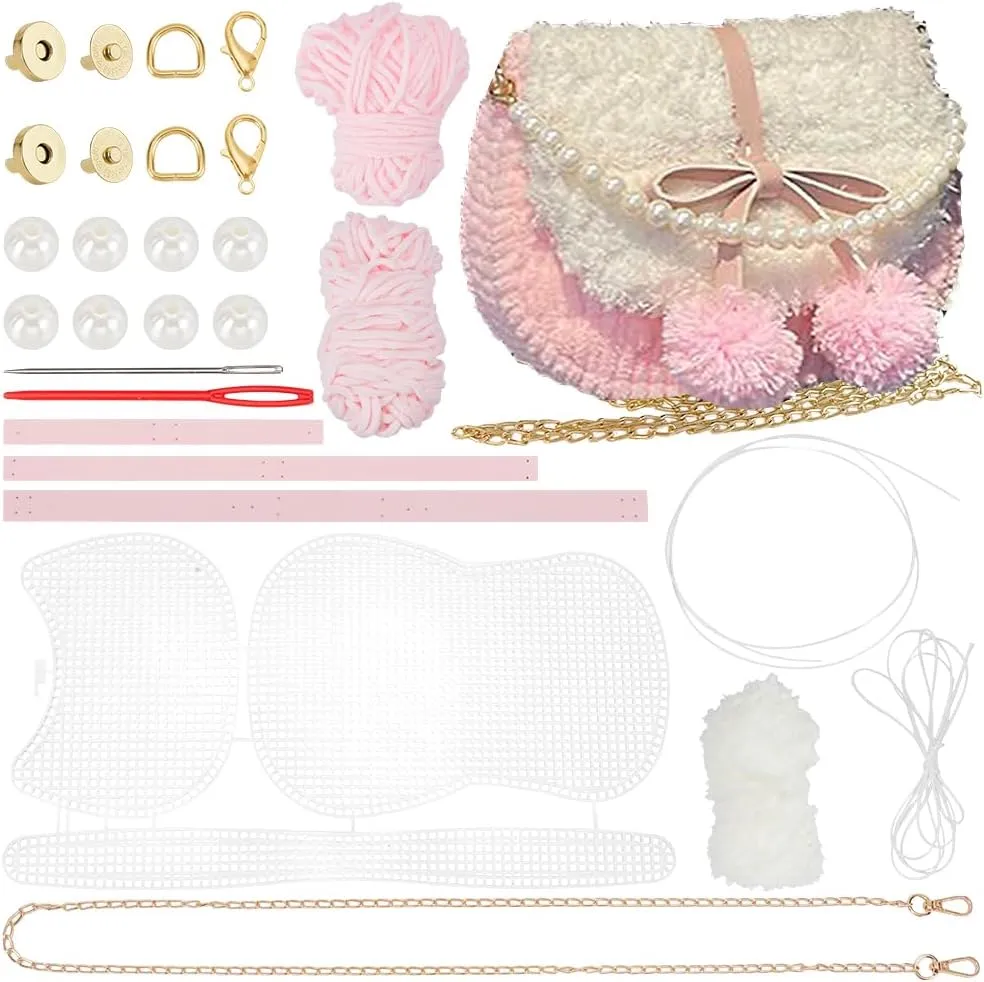 WADORN DIY Knitting Crochet Handbags Kit, Plastic Mesh Shoulder Bags Crafting Material for DIY Purse Embroidery Handmade Women's Crochet Cossbody Bag Making Set for DIY Crochet Bag Accessories, Pink
