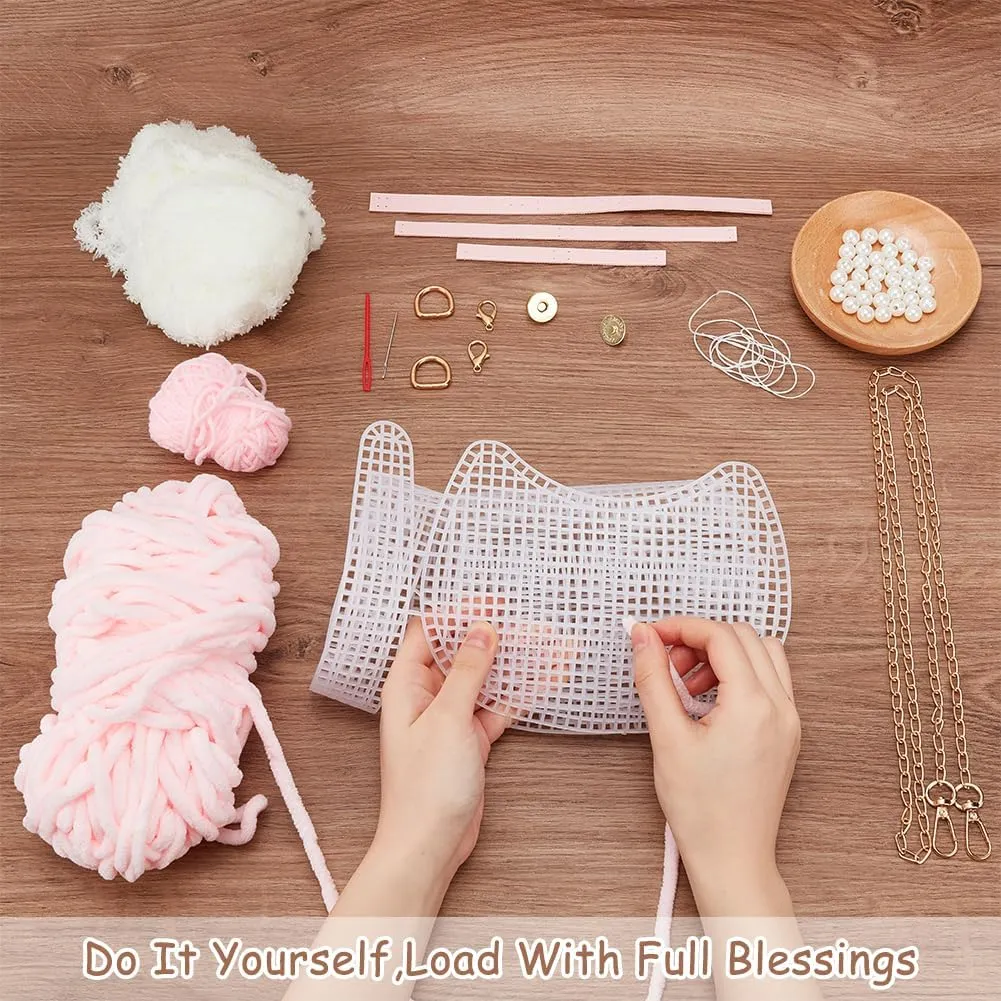 WADORN DIY Knitting Crochet Handbags Kit, Plastic Mesh Shoulder Bags Crafting Material for DIY Purse Embroidery Handmade Women's Crochet Cossbody Bag Making Set for DIY Crochet Bag Accessories, Pink