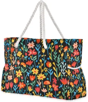 Watercolor - Style Flower Print Beach Tote Bag - Waterproof Travel Bag with PVC Compartment, Oversized Pool Tote for Vacation Essentials, Vintage Nylon Beach Accessory for Multipurpose Storage
