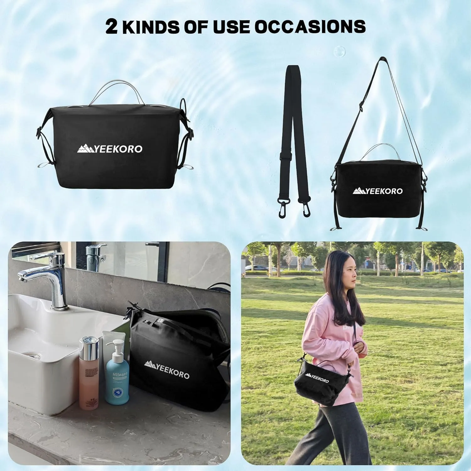 Waterproof Toiletry Bag for Travel, Zipper Styles, 40D Nylon Toiletry Organizer Bags with Shoulder Straps for Men Women, Travel Accessories（2 PACK,Black