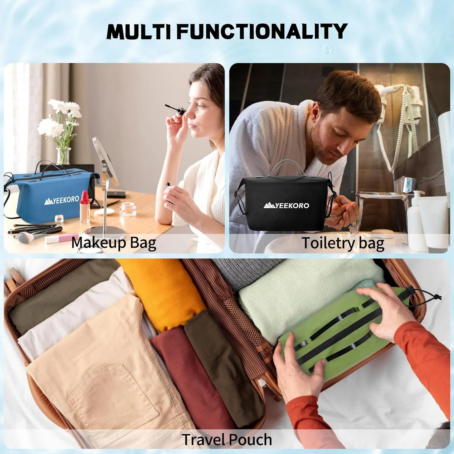 Waterproof Toiletry Bag for Travel, Zipper Styles, 40D Nylon Toiletry Organizer Bags with Shoulder Straps for Men Women, Travel Accessories（2 PACK,Black