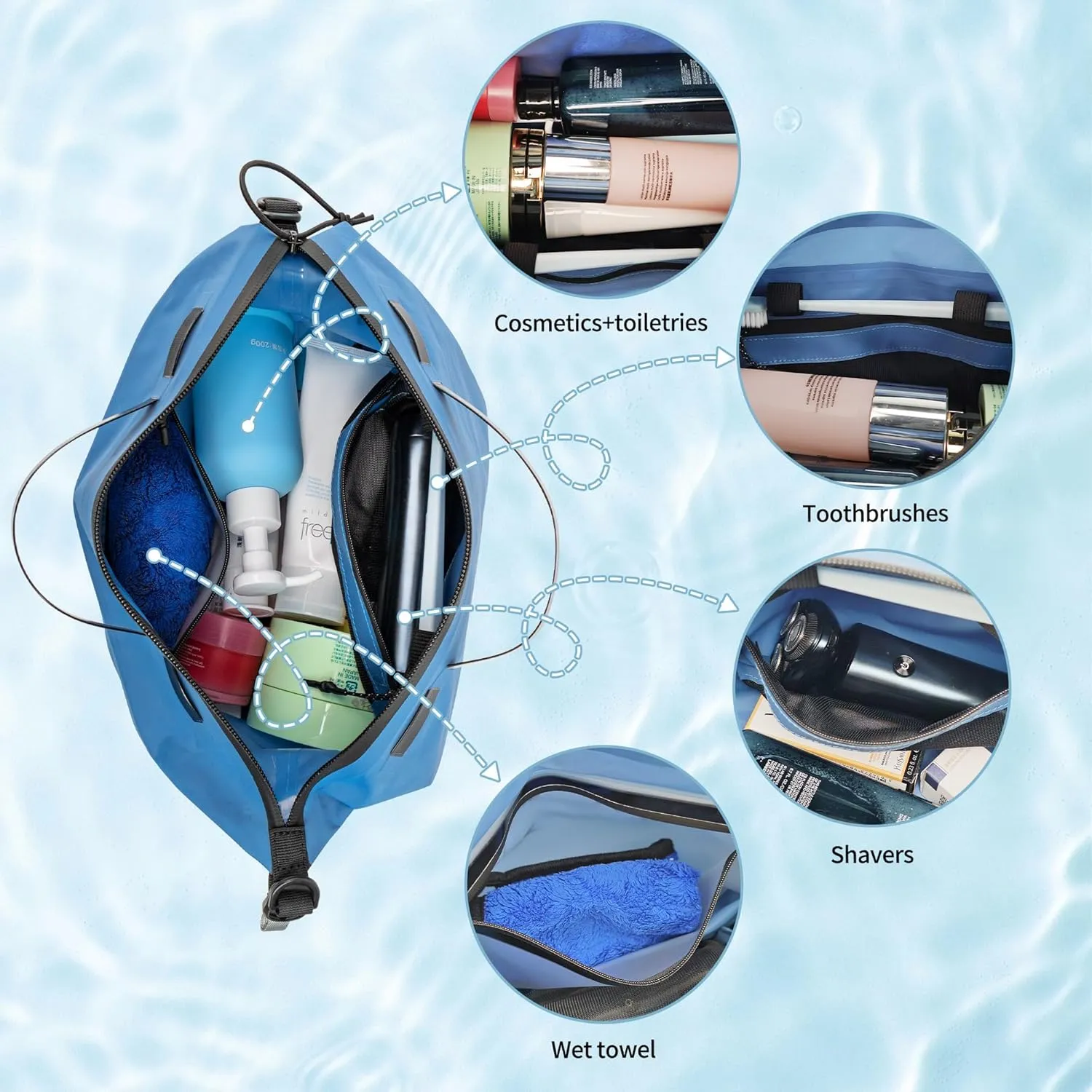 Waterproof Toiletry Bag for Travel, Zipper Styles, 40D Nylon Toiletry Organizer Bags with Shoulder Straps for Men Women, Travel Accessories（2 PACK,Blue