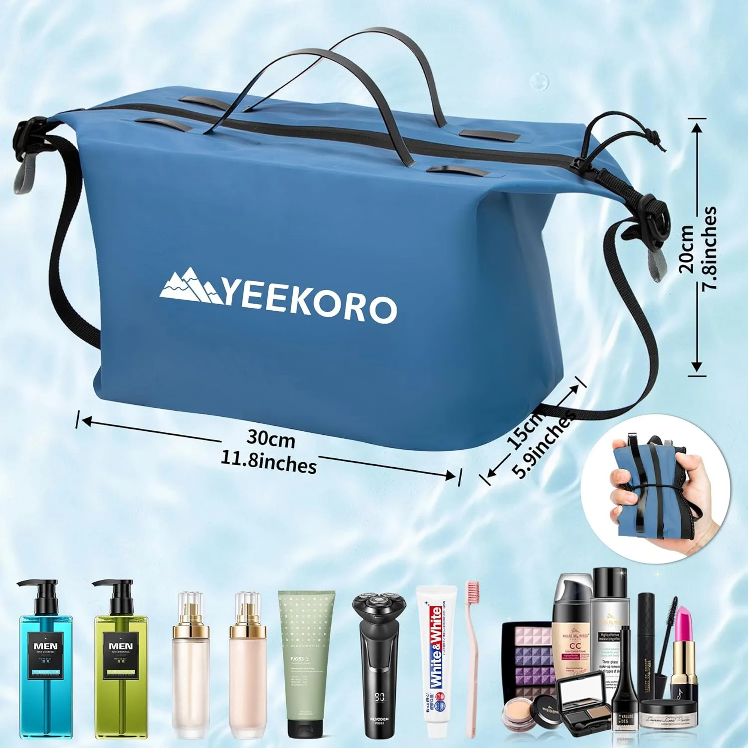 Waterproof Toiletry Bag for Travel, Zipper Styles, 40D Nylon Toiletry Organizer Bags with Shoulder Straps for Men Women, Travel Accessories（2 PACK,Blue