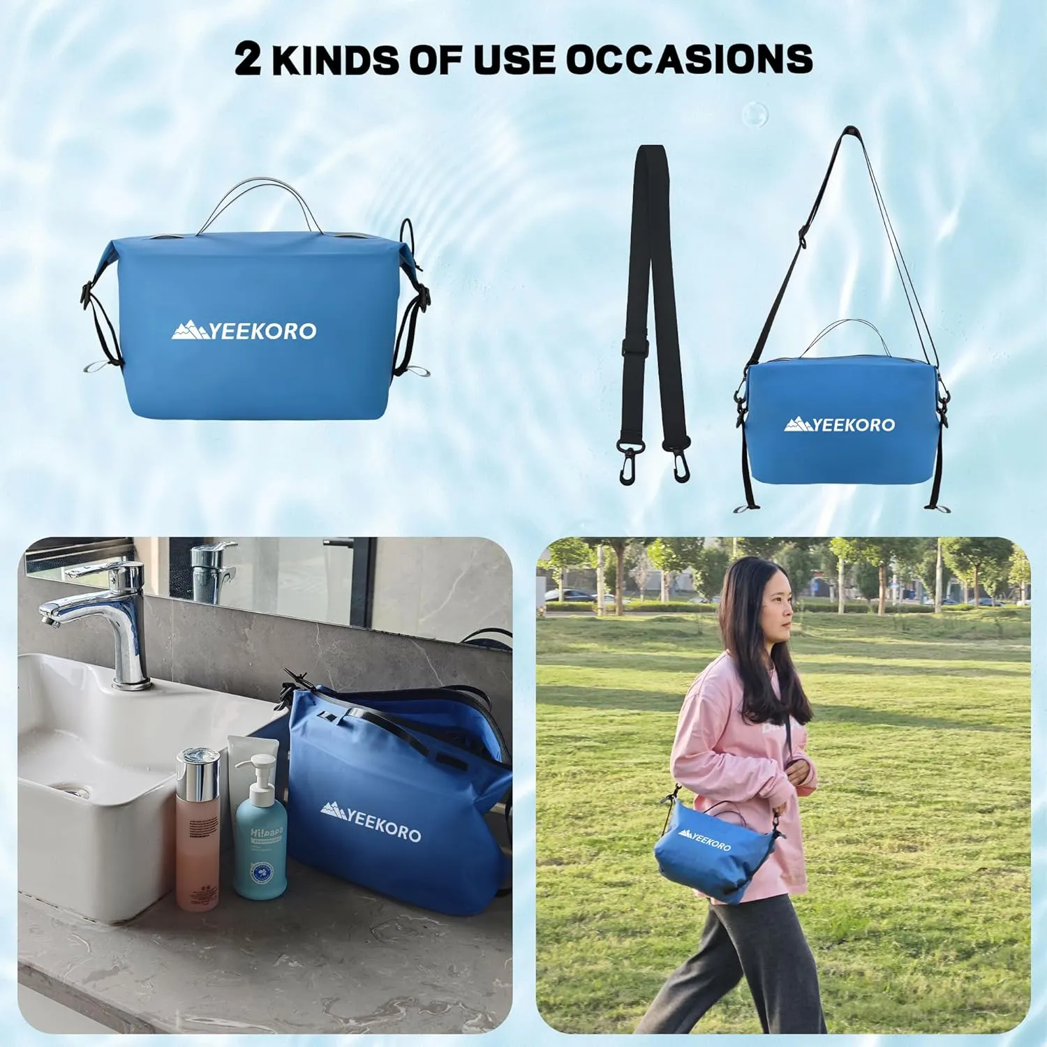 Waterproof Toiletry Bag for Travel, Zipper Styles, 40D Nylon Toiletry Organizer Bags with Shoulder Straps for Men Women, Travel Accessories（2 PACK,Blue