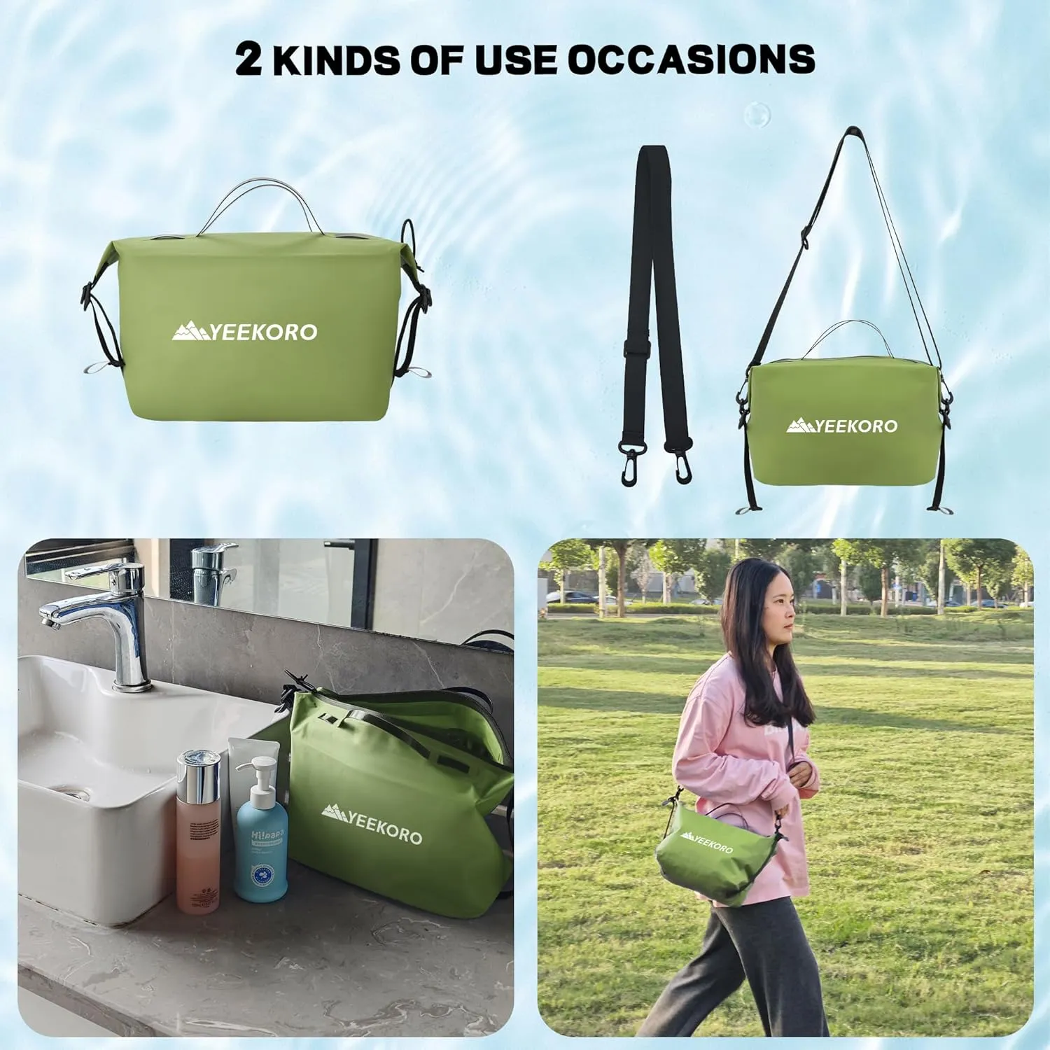 Waterproof Toiletry Bag for Travel, Zipper Styles, 40D Nylon Toiletry Organizer Bags with Shoulder Straps for Men Women, Travel Accessories（2 PACK,Green
