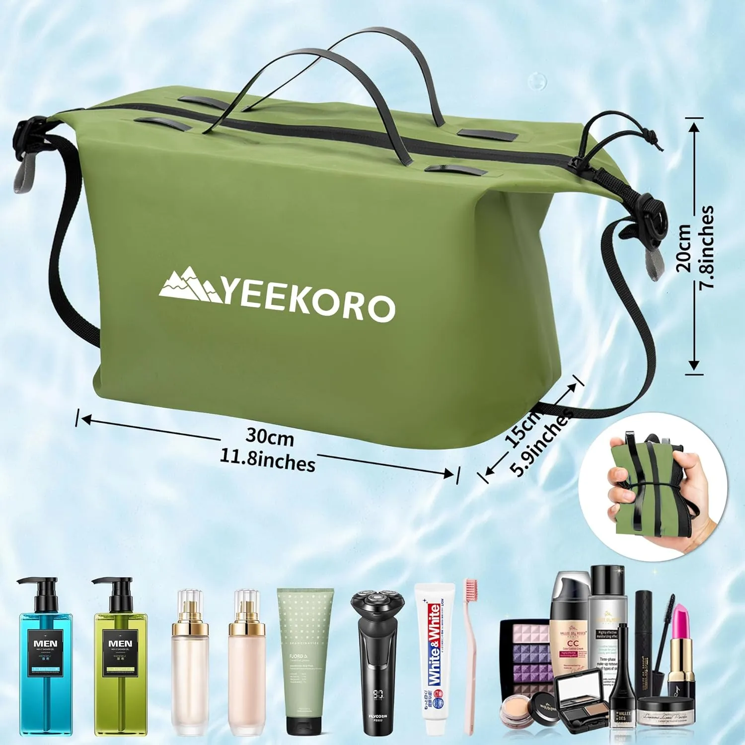 Waterproof Toiletry Bag for Travel, Zipper Styles, 40D Nylon Toiletry Organizer Bags with Shoulder Straps for Men Women, Travel Accessories（2 PACK,Green