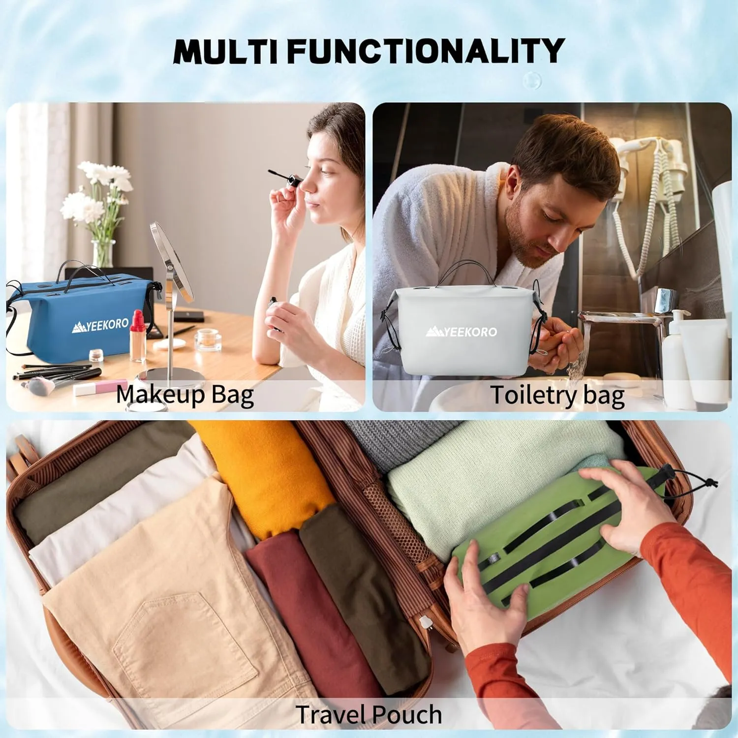 Waterproof Toiletry Bag for Travel, Zipper Styles, 40D Nylon Toiletry Organizer Bags with Shoulder Straps for Men Women, Travel Accessories（2 PACK,Green