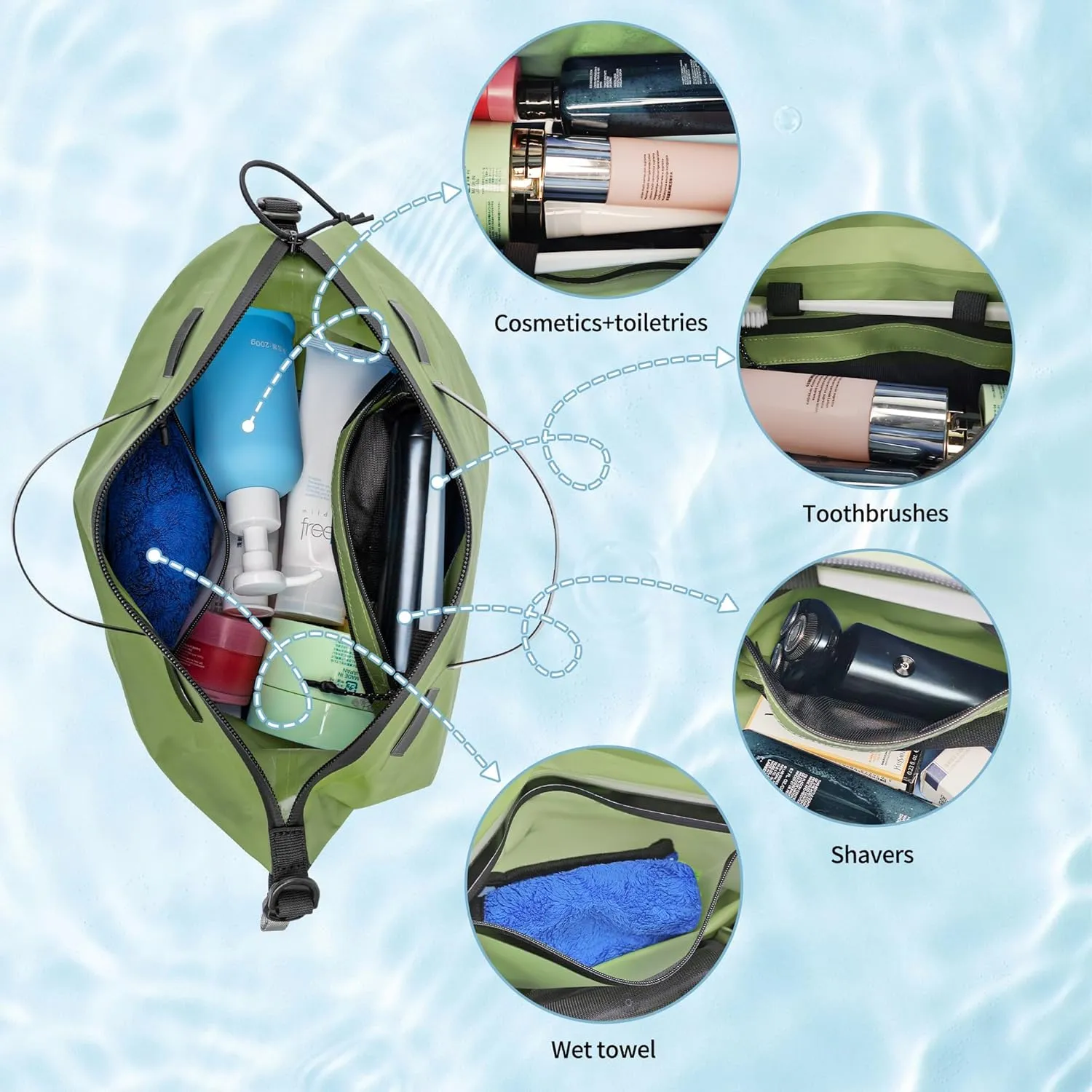 Waterproof Toiletry Bag for Travel, Zipper Styles, 40D Nylon Toiletry Organizer Bags with Shoulder Straps for Men Women, Travel Accessories（2 PACK,Green