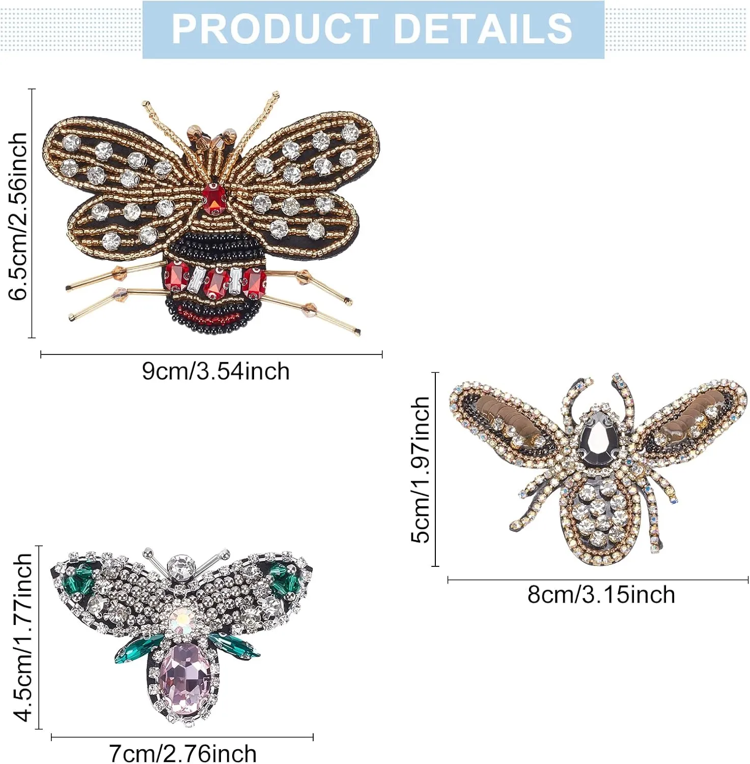 WEBEEDY 6pcs Crystal Bee Applique Beaded Patches Sew on Appliques Embellishments Honey Bee Insect Rhinestone Embroidered Patches for Hat Backpack Jackets Jeans Clothing Shoes Repair, 3 Styles