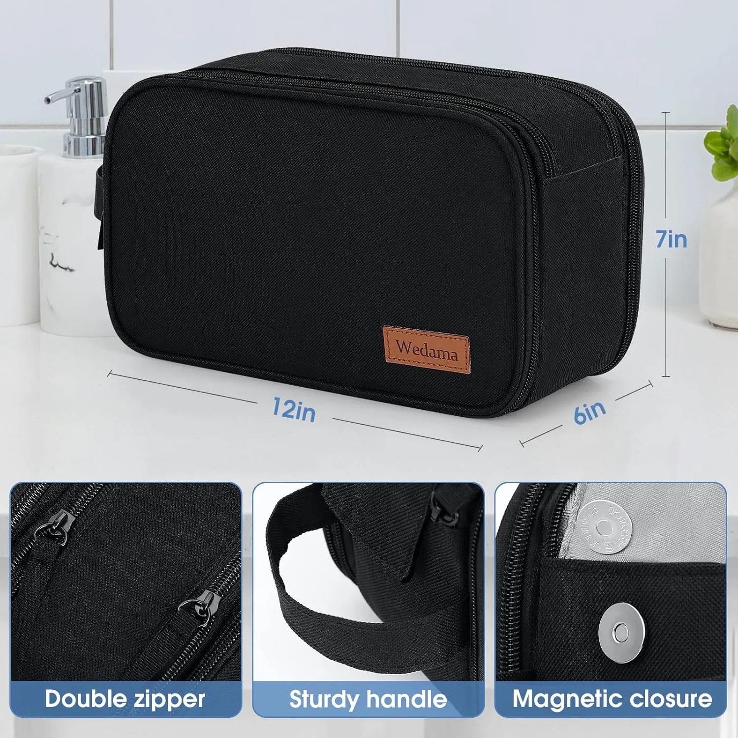 Wedama Toiletry Bag for Men, Handheld Travel Bag, Waterproof Toiletries, Thickened Polyester Dopp Kit, Toiletries Business Trips & Camping, Black, 1.0 Count, 0.77 pounds, (KK-117P), 1Pack