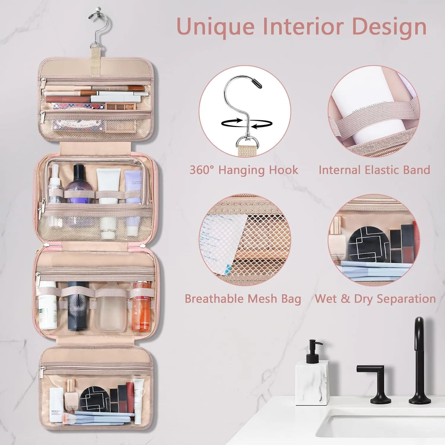 Wedama Toiletry Bag for Women, Hanging Travel Toiletry Bag with Jewelry Organizer Compartment Large Makeup Bag, PVC Waterproof Cosmetic Travel Bag for Travel Business Trips Camping Bathroom, Pink