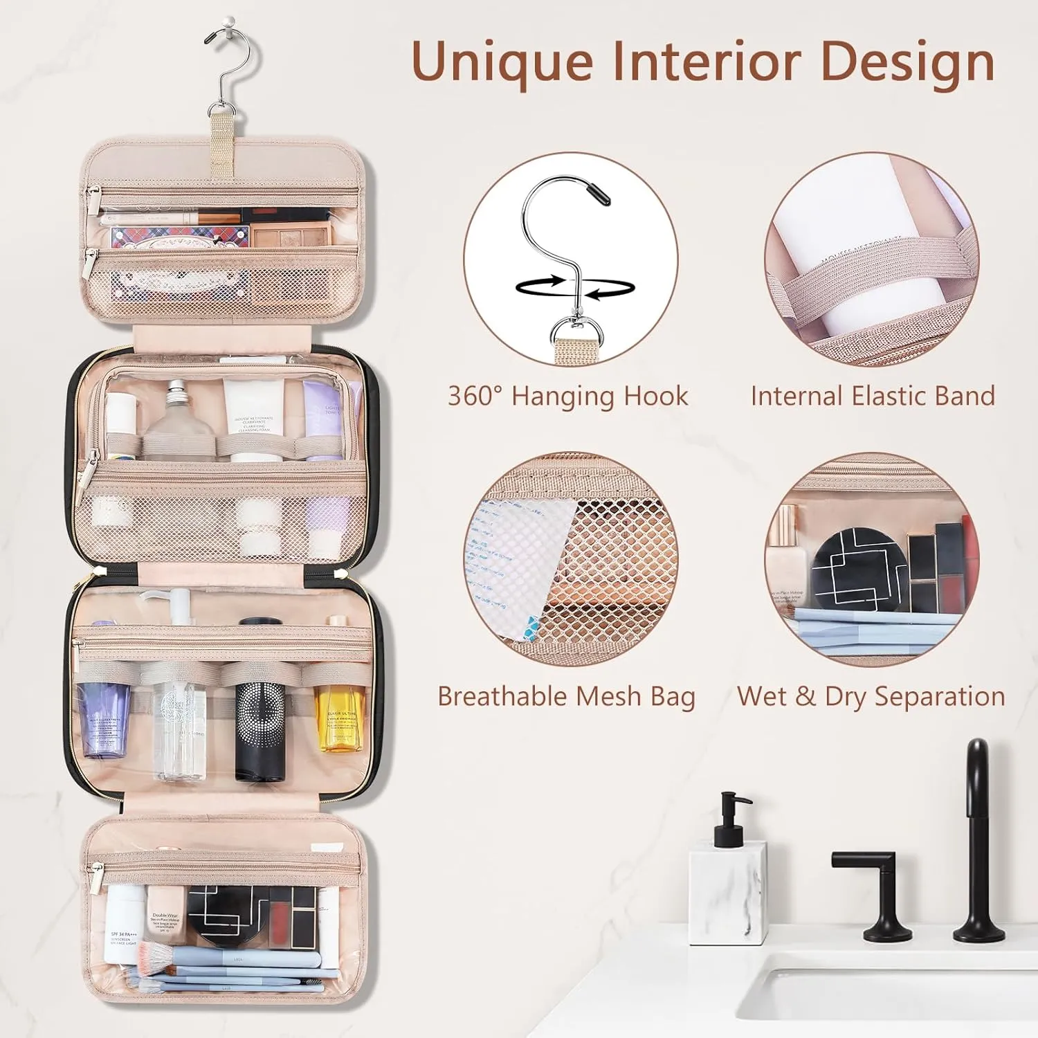 Wedama Toiletry Bag for Women, Hanging Travel Toiletry Bag with Jewelry Organizer Compartment Medium Makeup Bag, PVC Waterproof Cosmetic Travel Bag Trips Camping Bathroom, Black Brown